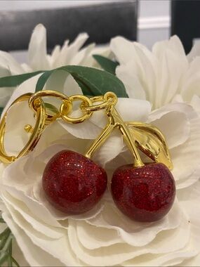 Gold Cherry Keychain with Red Glitter Charms